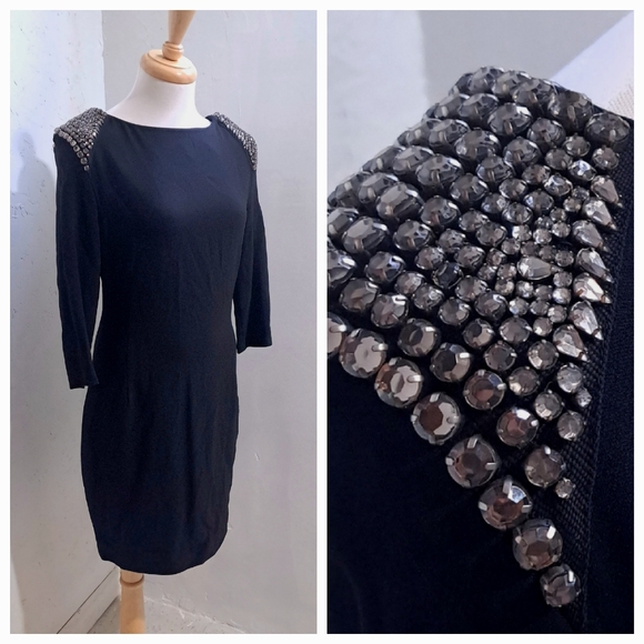 Zara | Black jewelled statement shoulder dress - Picture 1 of 10